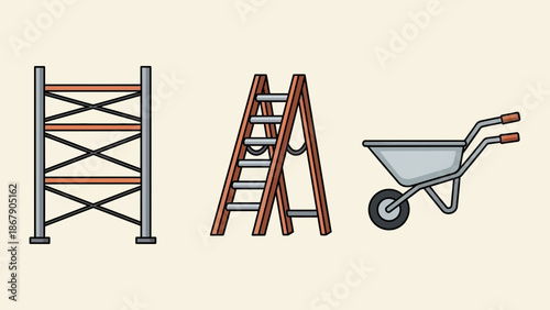 Collection of construction and repair equipment featuring a scaffolding section an adjustable ladder and a gray wheelbarrow set against a light background