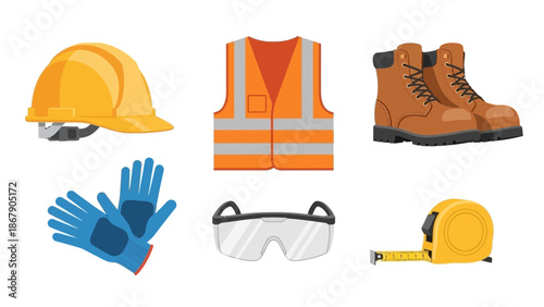 Collection of essential construction safety equipment including a yellow hard hat protective vest work boots gloves goggles and measuring tape