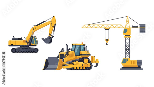 Collection of heavy yellow construction machinery featuring an excavator a bulldozer and a tower crane illustrating industrial building progress and development