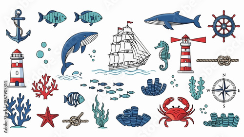 Nautical Themed Collection of Marine Life and Objects.