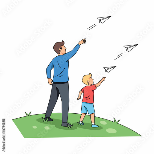 Father and Son Flying Paper Planes Together.