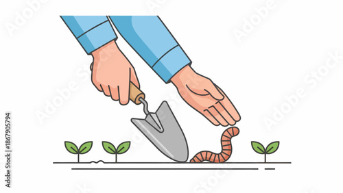 Hands Planting Seedling with Earthworm Nearby.