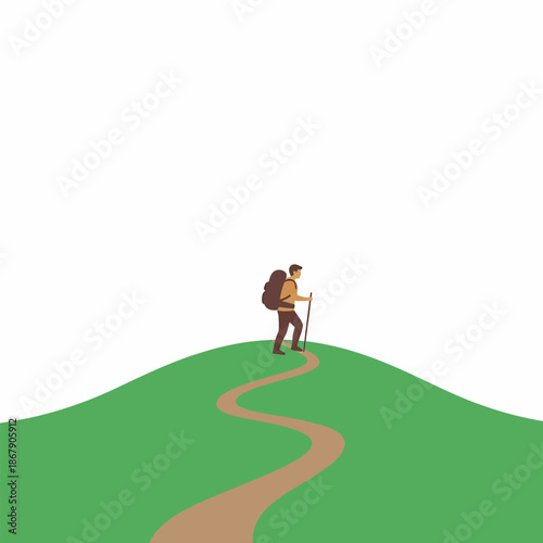 Hiker with Backpack and Trekking Poles Walking.