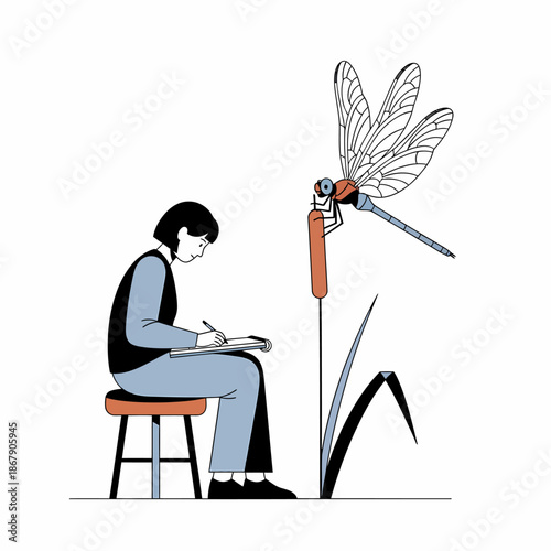 Illustration of Person Drawing Dragonfly Scene.