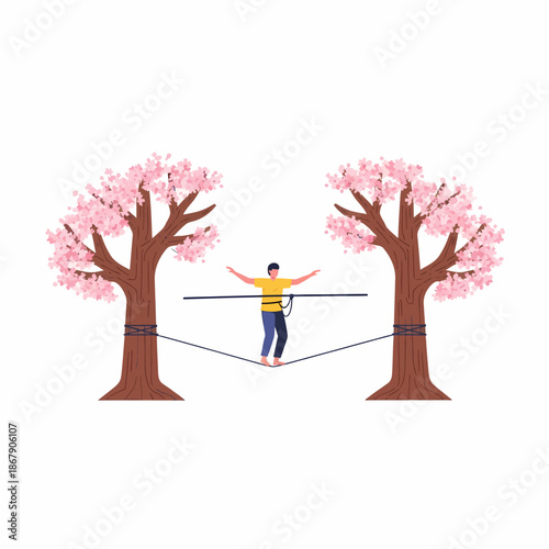 Man Balancing on Slackline Between Trees.
