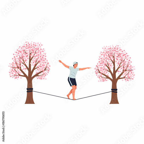 Man Balancing on Tightrope Between Trees.