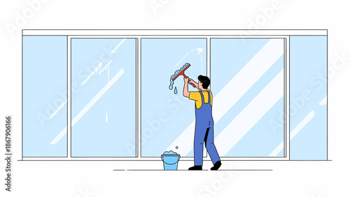 Man Cleaning Large Window with Squeegee.