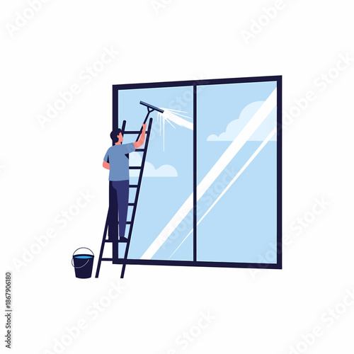 Man Cleaning Window with Squeegee on Ladder.