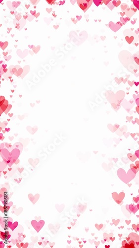 Red and pink hearts creating border on white background for Valentine's day. Heart particles floating to center frame for a romantic theme celebrating love, passion, or for Valentines day background.