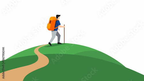Man Hiking with Backpack and Trekking Pole.