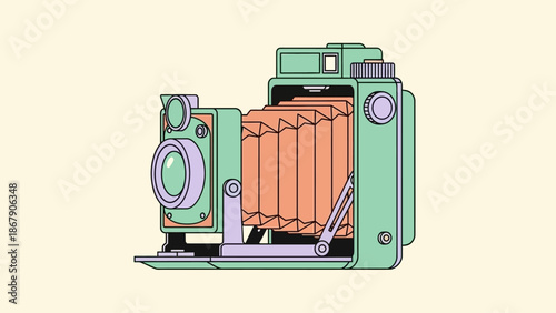 Vintage folding camera with bellows and lens in pastel colors.