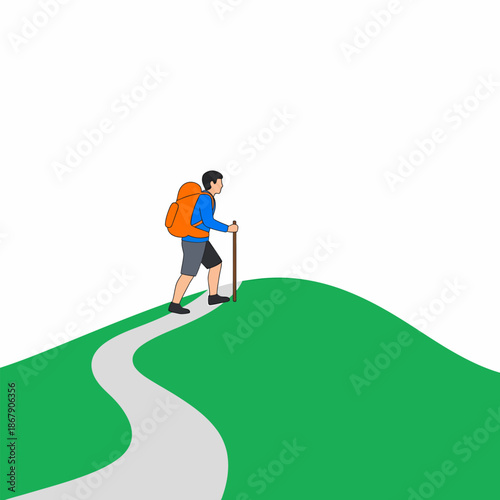 Man Hiking with Backpack on Hill Path.