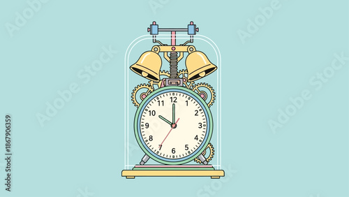 Vintage mechanical alarm clock with bells on top showing time.