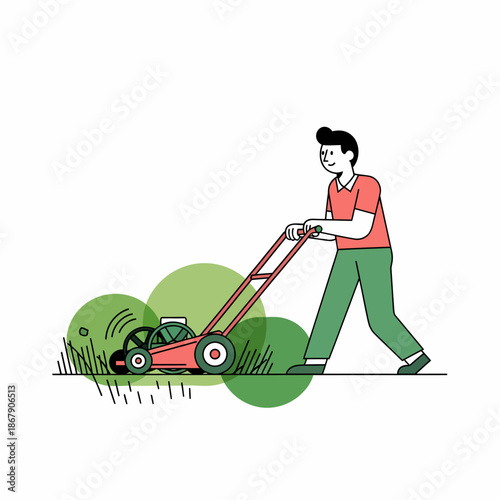 Man Mowing Lawn with Red Lawnmower.
