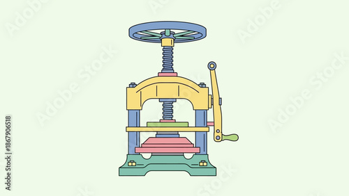 Vintage hand-operated book press with colorful parts and handle.