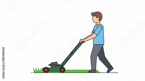 Man Mowing Lawn with Green Lawnmower.