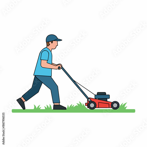 Man Mowing Lawn with Red Lawnmower.