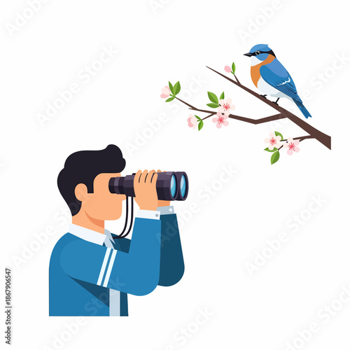 Man Observing Bird Through Binoculars Illustration.