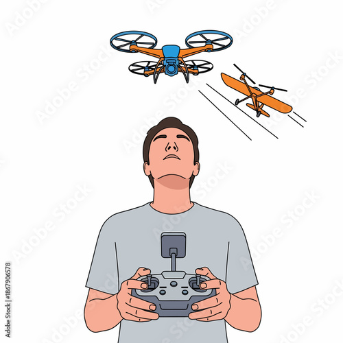 Man Operating Drone with Remote Control.