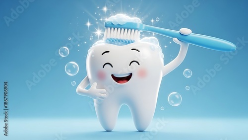 Wallpaper Mural Happy Cartoon Tooth Character with Toothbrush. Torontodigital.ca