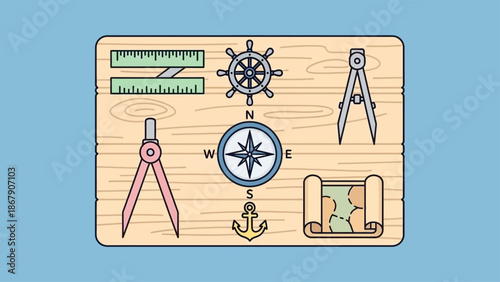 Set of nautical navigation and drafting tools on wooden background.