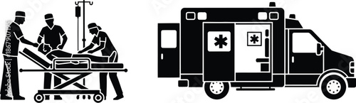 Emergency medical services with ambulance and patient black silhouette on transparent background