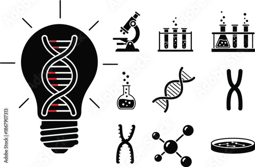 Science and innovation concepts with bulb dna and equipment silhouette on transparent background
