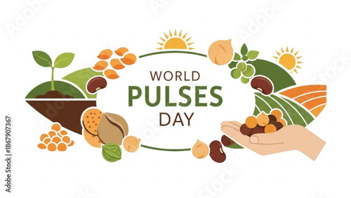 World pulses day celebration with various legumes and a hand holding pulses surrounded by leaves and sun with healthy eating and nutrition and sustainable food