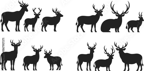 A collection of black deer silhouettes in various poses on transparent background