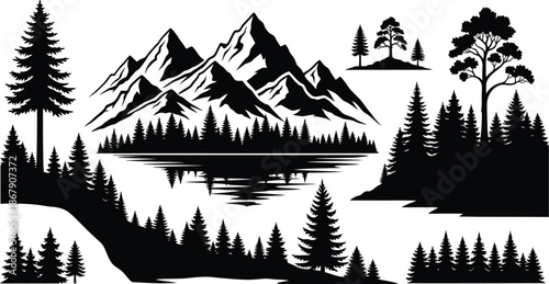 Black mountain and forest landscape with lake reflection on transparent background silhouette