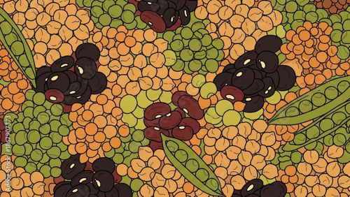 Vibrant illustration of peas and pods in a colorful mosaic pattern with green leaves and brown and orange peas with healthy and food and vegetables