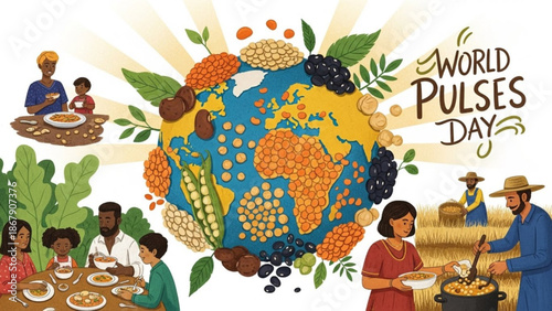 Vibrant illustration of diverse people celebrating world pulses day with a globe surrounded by various legumes and food with global cuisine and diversity