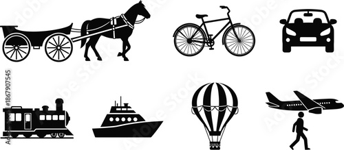 Various transportation modes in black silhouette on transparent background