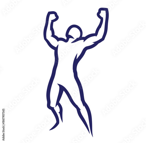 Silhouette of a triumphant athlete celebrating success with arms raised high against white background