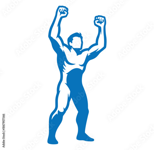 Silhouette of a strong man celebrating victory with arms raised high in the air