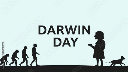 Evolutionary timeline from ape to human beside a girl and dog on darwin day with human evolution and science and biology and education and learning