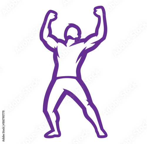 Silhouette of a triumphant athlete with arms raised against a clean white background design