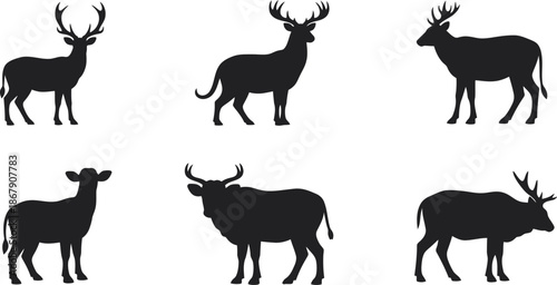 A collection of black deer silhouettes in various poses on transparent background