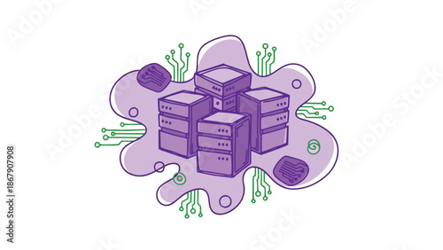 Servers and circuit boards within a purple organic shape.
