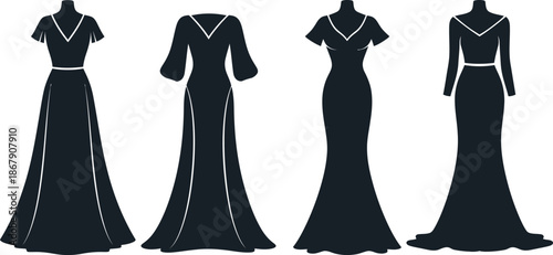 Four elegant evening dress designs in black silhouette on transparent background