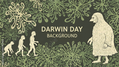 Evolutionary timeline illustration with human ancestors and ape on decorative green background for darwin day with human evolution and biology