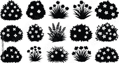 Collection of decorative floral bushes and plants in black silhouette on transparent background