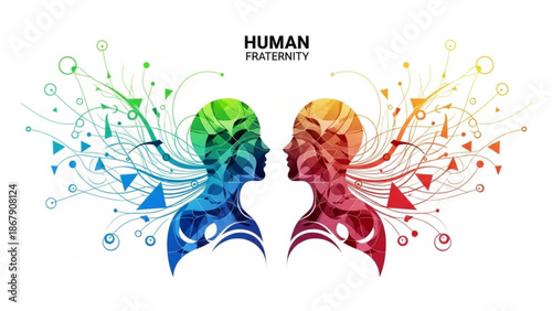 Vibrant illustration of two human heads facing each other with colorful abstract shapes and lines representing unity and diversity with human connection