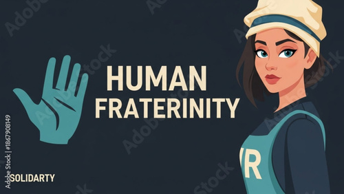 Illustration of a young woman wearing a hat and apron with a gesture of human fraternity and solidarity with unity and social justice and equality