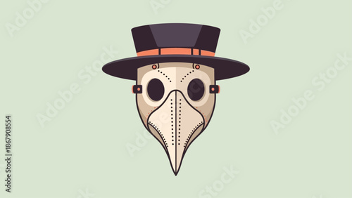 Illustration of a plague doctor mask with a wide-brimmed hat on a light background.