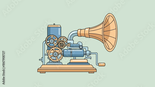 Illustration of a vintage phonograph with detailed gears and a large horn speaker.