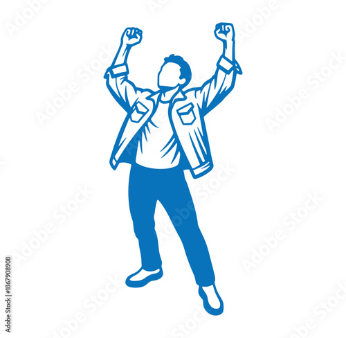 Vector illustration of an excited man with raised arms celebrating triumph and success.
