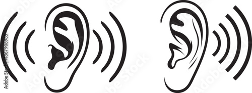 Black and white ear icons with sound waves on transparent background