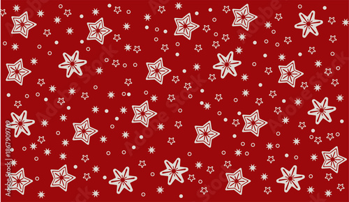 Seamless Christmas pattern with white hand drawn stars and snow dots on red background. Festive winter design for wrapping paper, textile, wallpaper, greeting cards and seasonal decorations.