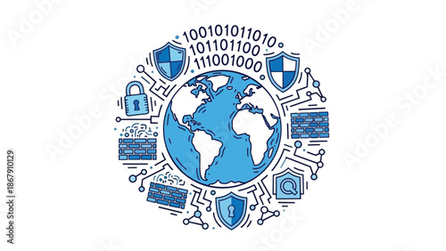 Global Cybersecurity Network Protecting Digital Information and Data.